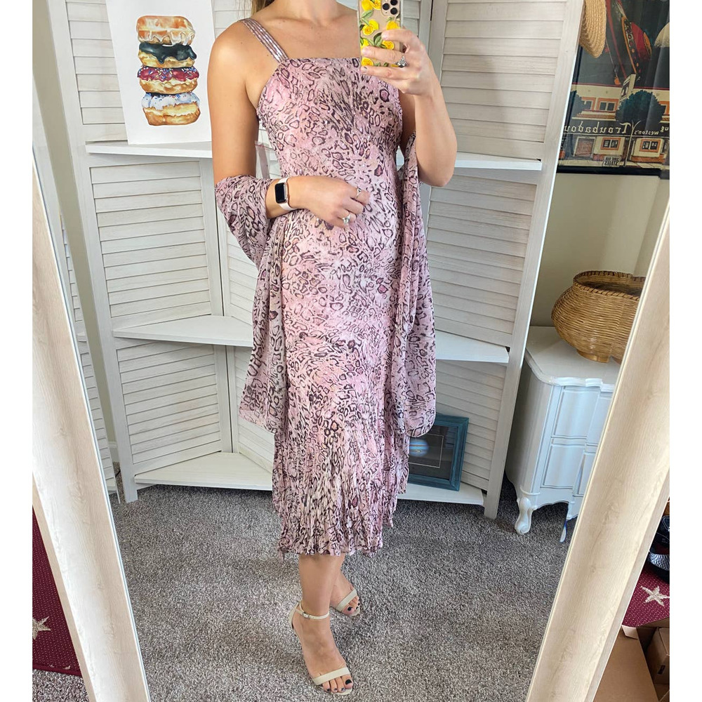Bella Blue Pink Leopards Print Beaded Midi Dress